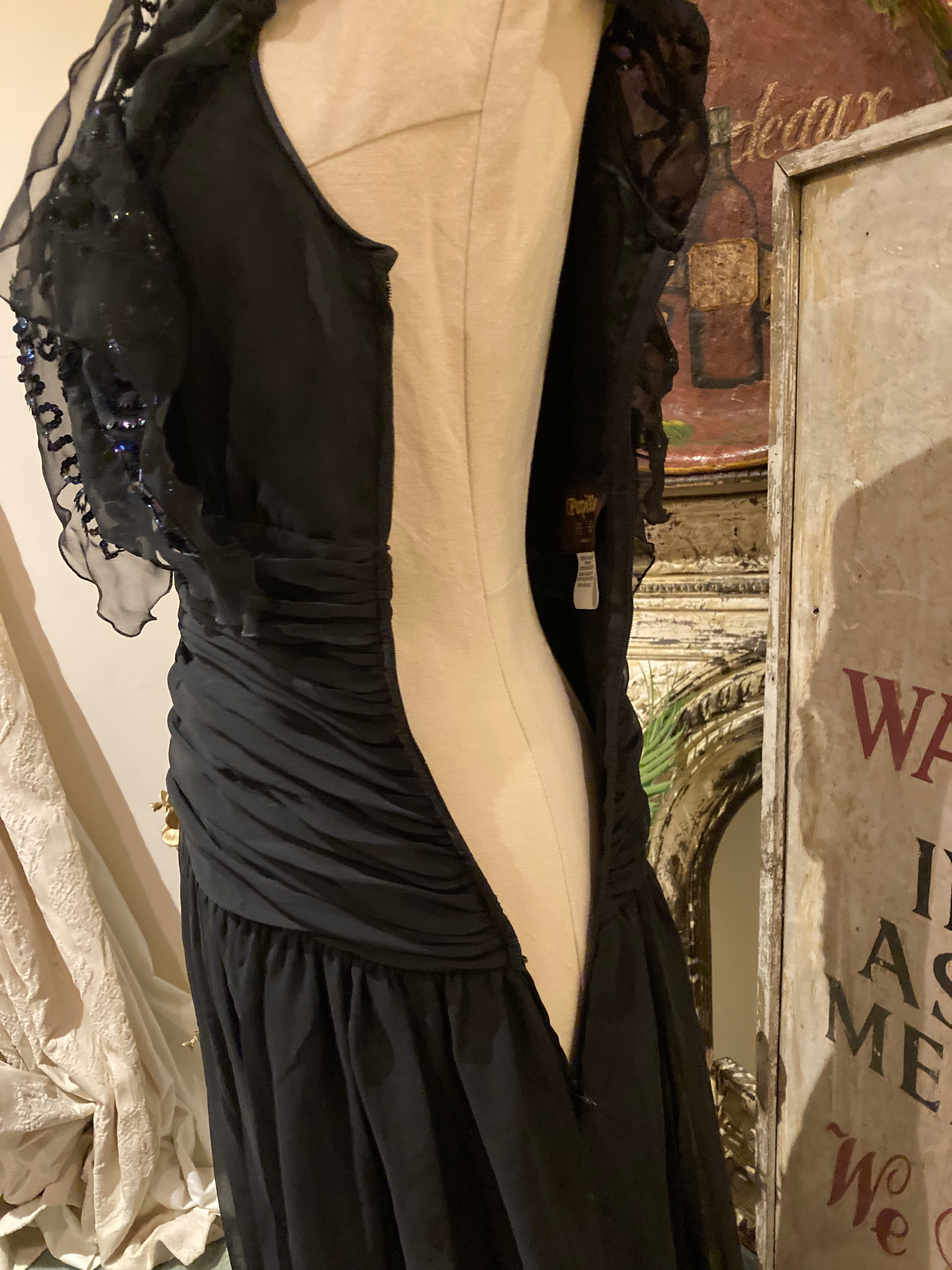 Stunning Black Chiffon Sequinned Long Cocktail Party Evening Dress Vintage 1960’s by Papillon