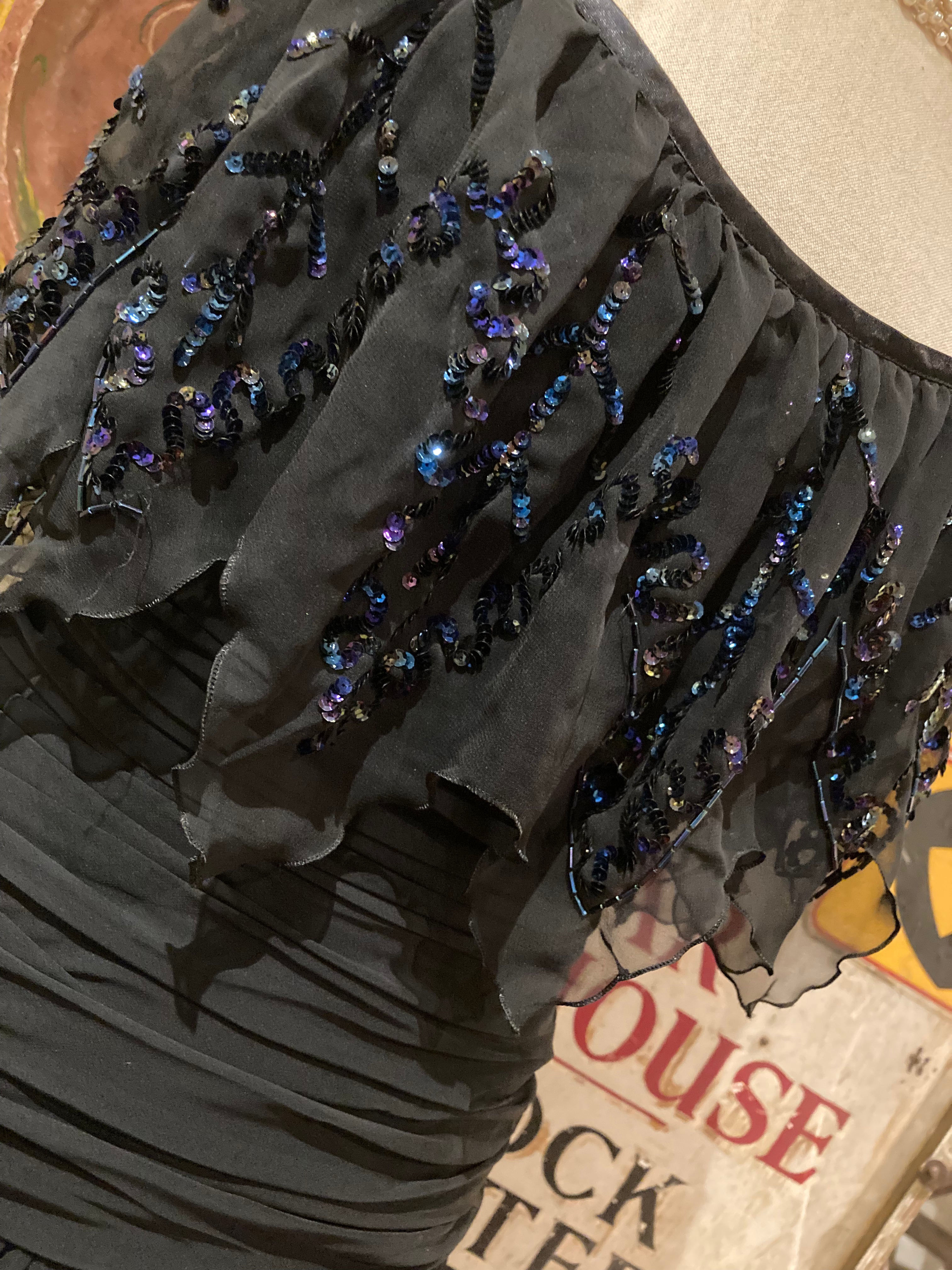 Stunning Black Chiffon Sequinned Long Cocktail Party Evening Dress Vintage 1960’s by Papillon