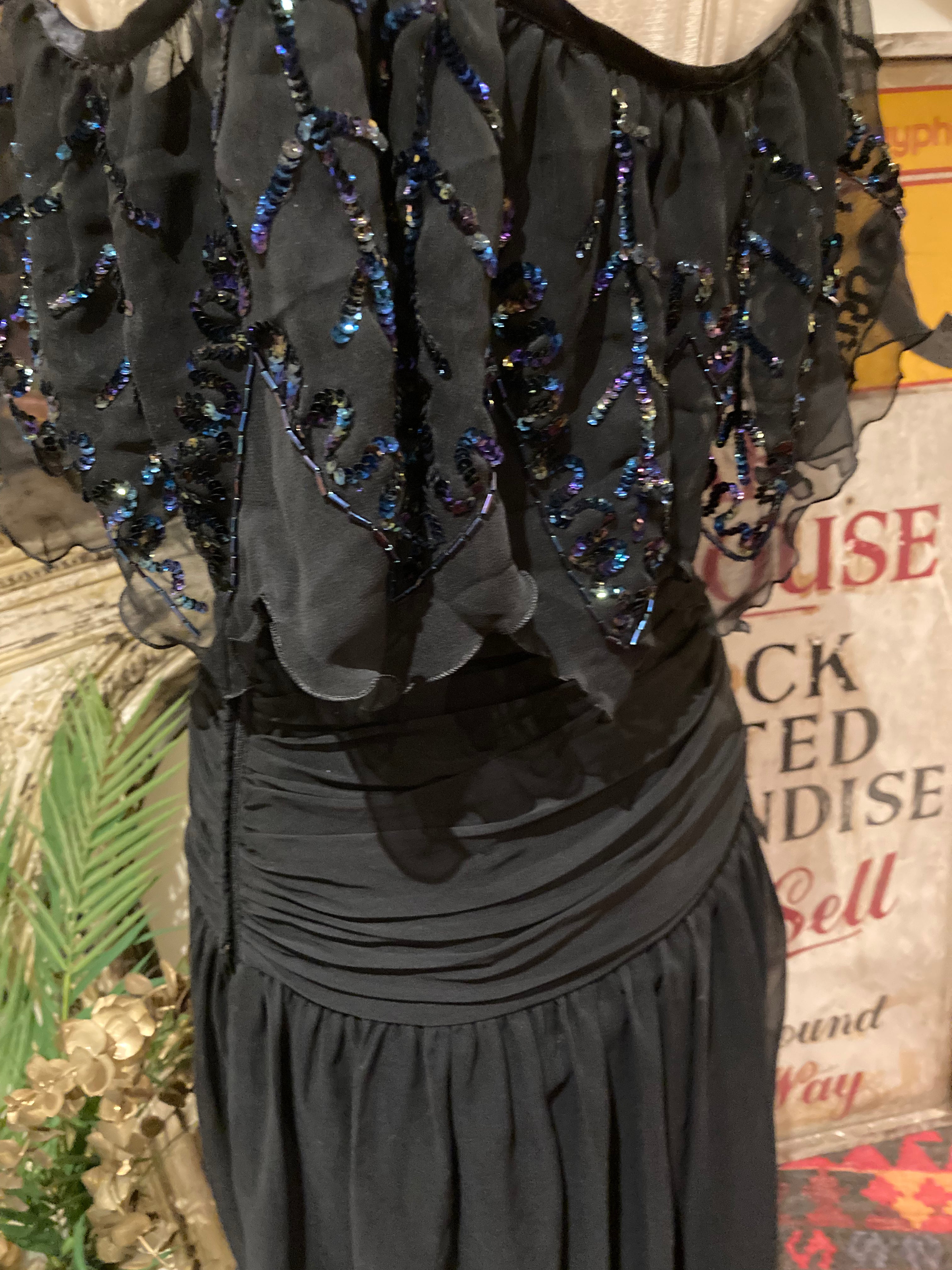 Stunning Black Chiffon Sequinned Long Cocktail Party Evening Dress Vintage 1960’s by Papillon