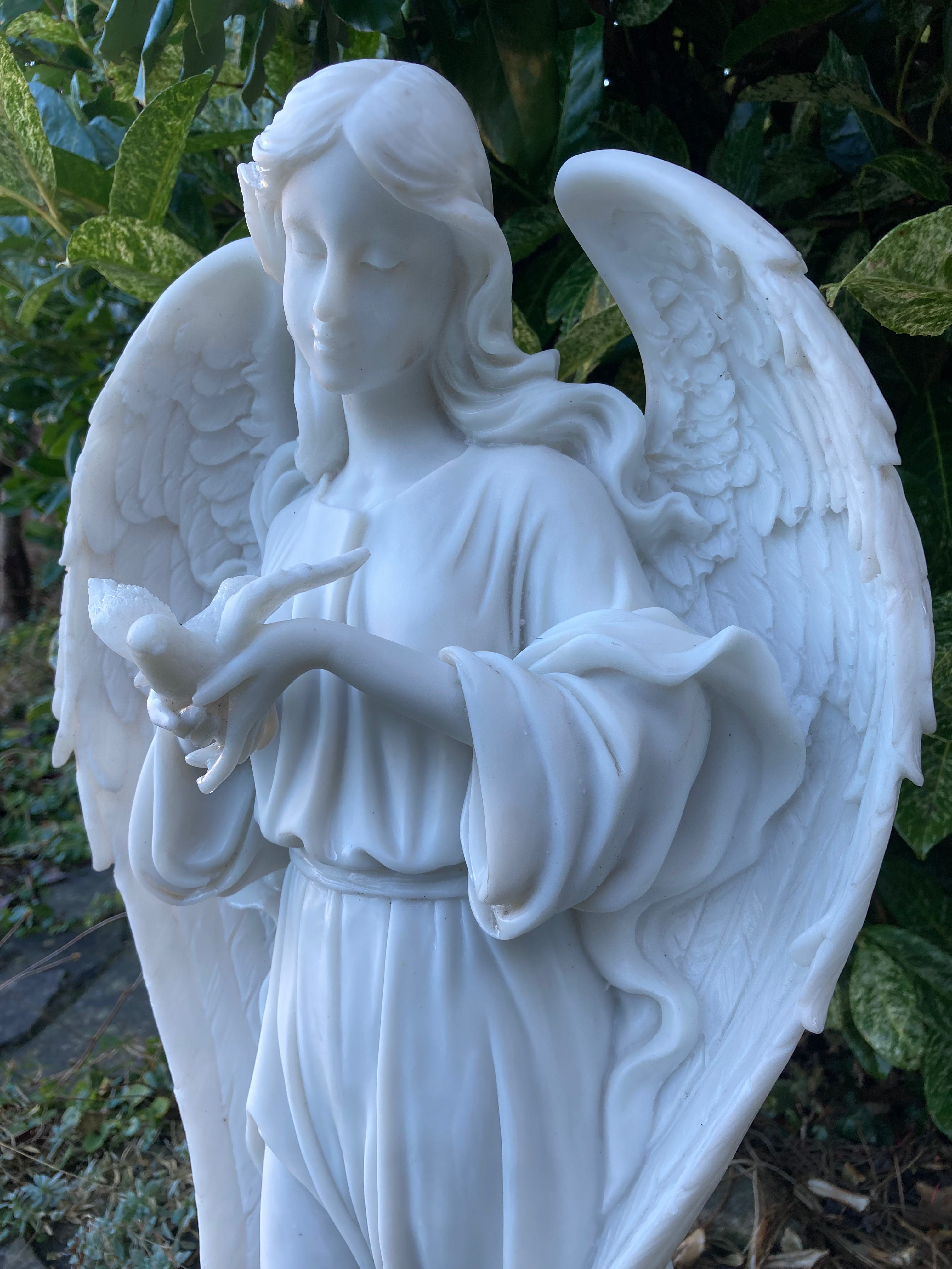 Simple, Elegant “Angel of Peace” Garden Statue with Dove .. Composite Marble Memorable Decoration