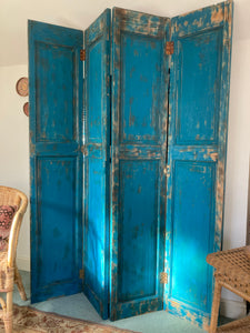 Reclaimed Pitch Pine Panel Folding Shutter Doors / Screen Turquoise Distressed Paint
