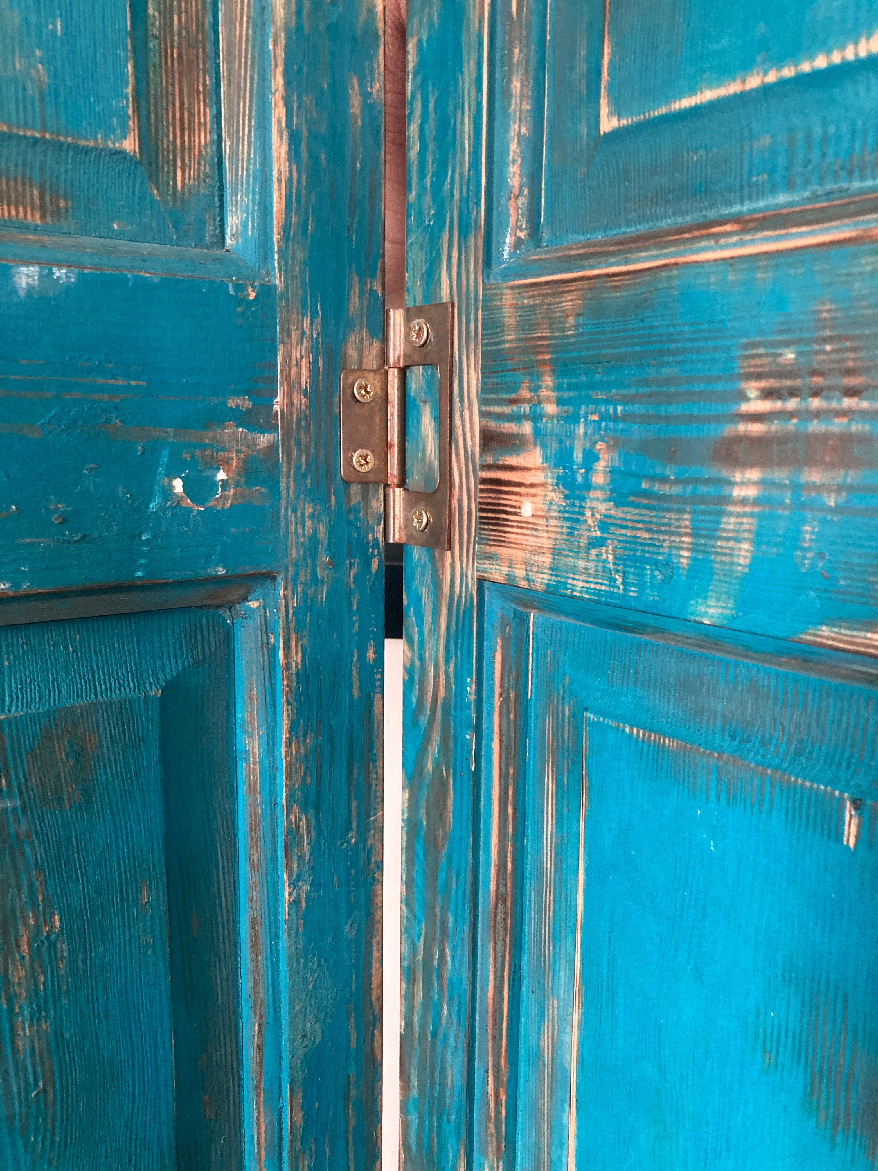 Reclaimed Pitch Pine Panel Folding Shutter Doors / Screen Turquoise Distressed Paint