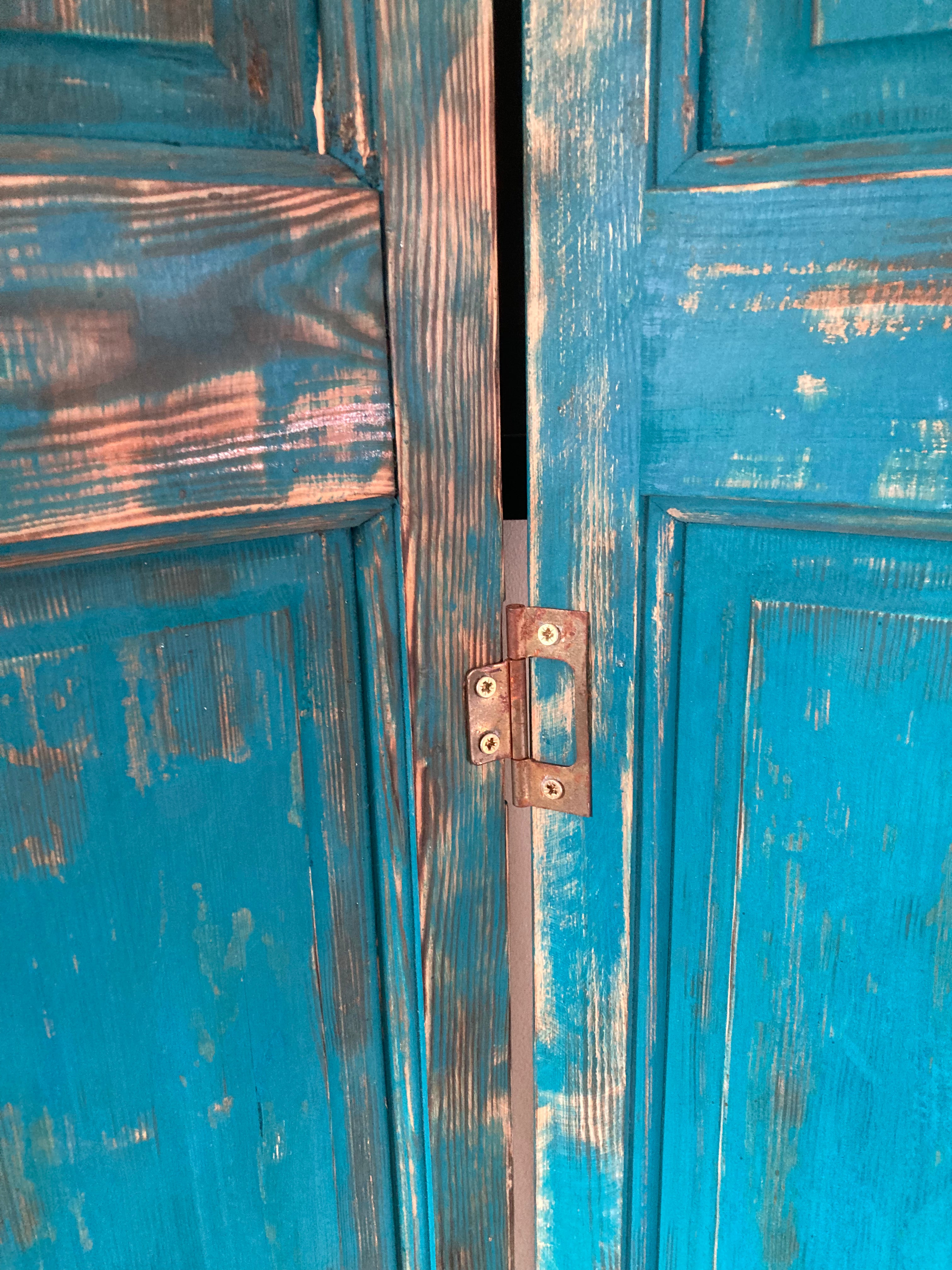 Reclaimed Pitch Pine Panel Folding Shutter Doors / Screen Turquoise Distressed Paint